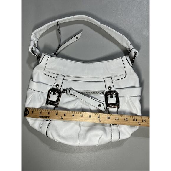 B Makowsky Leather Handbag Shoulder Bag White Hobo with Buckles Top Zip Pleats - Picture 9 of 14
